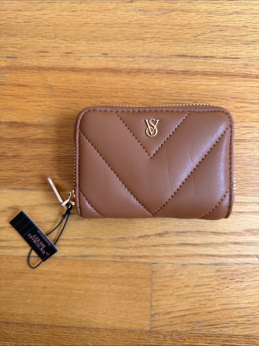 Victoria's Secret Brown Quilted Zip Wallet with Gold Logo